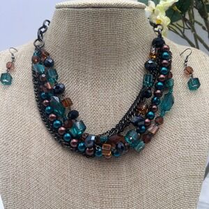 Boho Multi Strand Statement Necklace Earring Set Teal Brown Gunmetal Beaded 21"